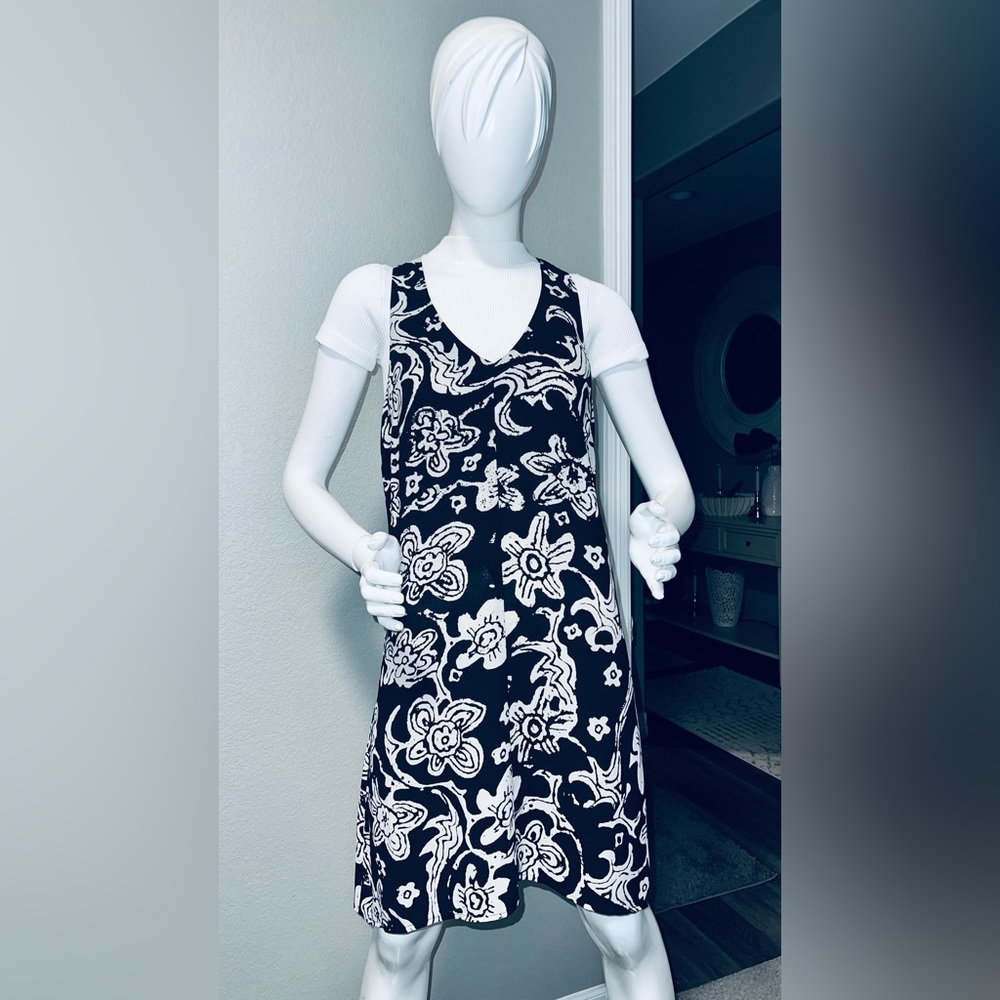 Cabi Padma racerback tank dress featuring a black and white batik floral print